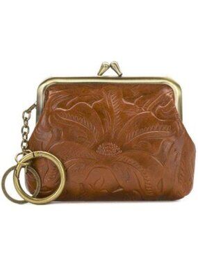 Patricia Nash Borse Coin Purse Kiss Lock Key Fob LRG Florence Brown Leather NWT